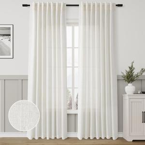 Natural Linen Curtains 84 Inch Length 2 Panels Cream White Pleated Linen Drapes for Living Room Semi Sheer Light Filtering Modern Farmhouse Aesthetic Neutral Window Curtain Back Tab Loop Ivory