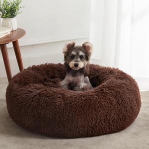 WESTERN HOME WH Calming Dog Bed & Cat Bed, Anti-Anxiety Donut Dog Cuddler Bed, Warming Cozy Soft Dog Round Bed, Fluffy Faux Fur Plush Dog Cat Cushion Bed for Small Medium Dogs and Cats (27.0"L x 27.0"W x 8.0"Th, Coffee)