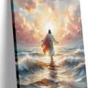 Jesus Walking on Water Canvas Wall Art Christian God Wall Decor Sacred God Walking on Ocean Beach Painting Pictures Religious Posters Prints for Living Room Bedroom Church Home Decorations Framed