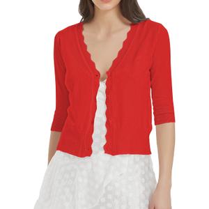 Women's Short Sleeve Cropped Cardigan Button Down Sweater Lightweight Knit Shrugs (Red, XL)