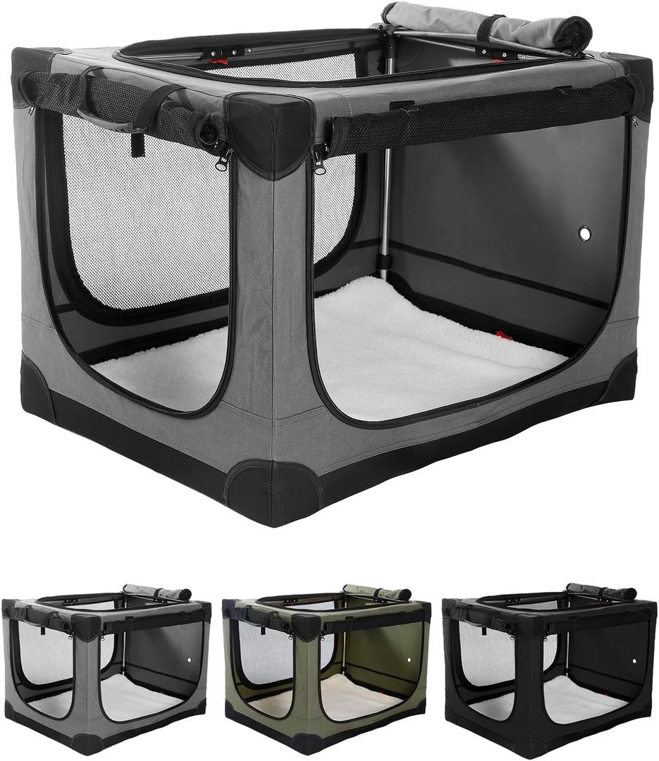 Veraste 42" L x 31" W x 31" H Collapsible Travel Dog Crate, Quick-Setup Portable Soft Dog Kennel for Large Dogs up to 90 lbs, 4-Door Foldable Travel Crate with Storage Bag, Grey