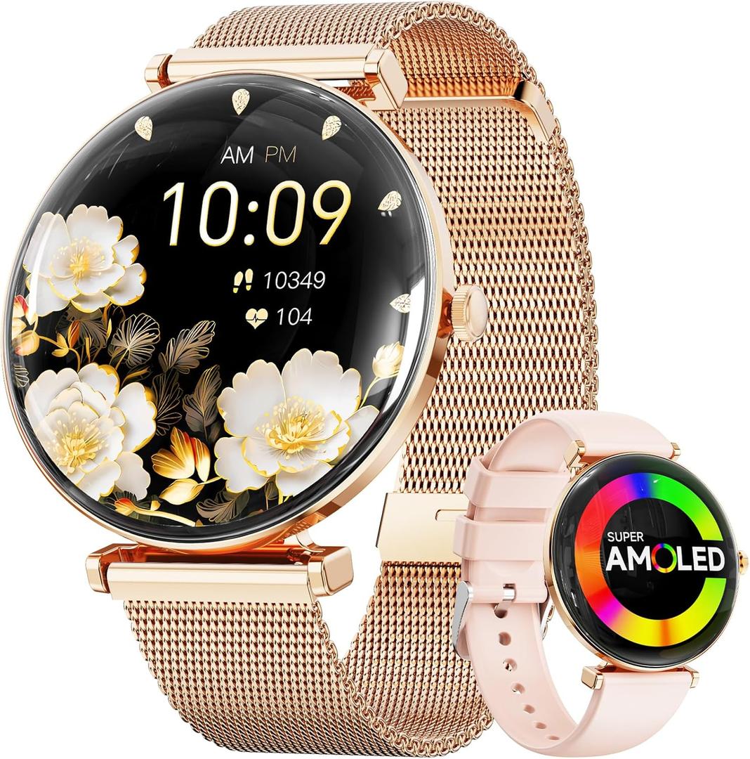 Smart Watches for Women Men[Calls/2 Bands/Metal Thin Body] for Android iPhone Samsung Compatible,1.43" Micro-Spherical AMOLED Screen,IP68 Waterproof Sports Watch (Gold)