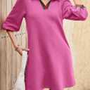 Wenrine Womens 3/4 Sleeve Mini Dress Casual V Neck Collared Textured Loose Fall A Line Argyle Dresses with Pockets (Pink)