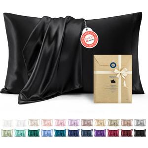 Bedsure Satin Pillowcase 2 Pack Similar to Silk Pillow Cases Standard Size, Pillow Case for Sleeping Women with Envelope Closure, Gifts for Women Men, Black, 20x26 Inches, 2pcs