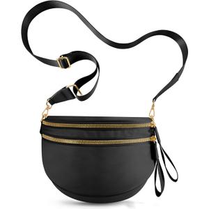 Checkered Crossbody Bags for Women, Large Nylon Bum Bags Plus Size Fanny Pack Sling Bag Belt Bag for Women Travel, Pure Black