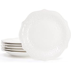 SOUJOY Set of 6 Porcelain Dinner Plate, 10'' Embossed Salad Plates, White Dessert Serving Plates for Steak Appetizer, Kitchen Plates for Restaurant, Family Party, Dishwasher Microwave Safe