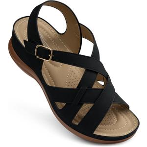 SHIBEVER Flat Sandals for Women Comfortable: Adjustable Buckle Ankle Strap Strappy Sandals Dressy Casual, Summer Walking Shoes for Beach Travel, Size 6