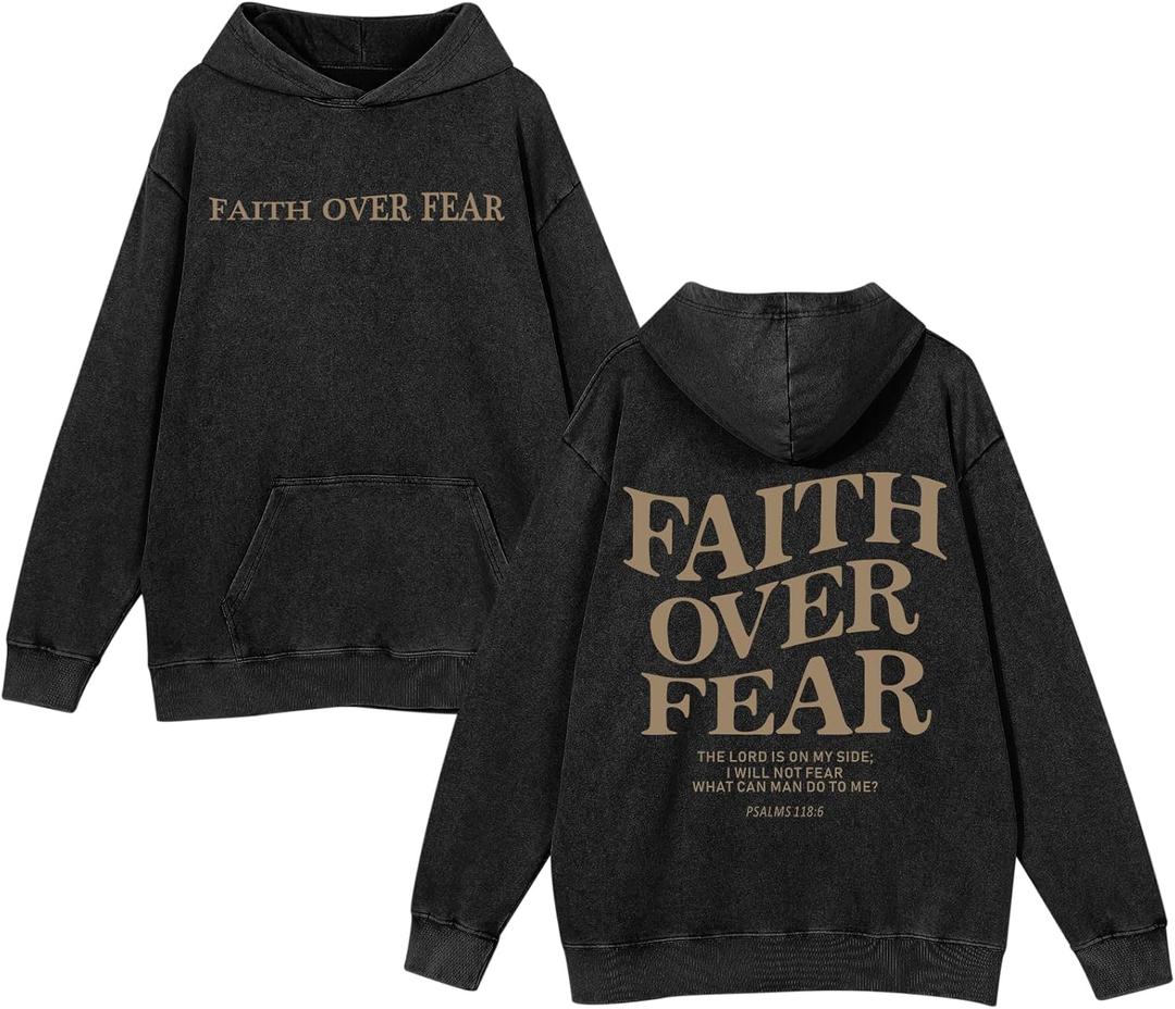 Christian Faith Over Fear Hoodies for Men Jesus Religious Graphic Sweatshirt Bible Verse Acid Wash Pullover Hoodie (Medium, Black)