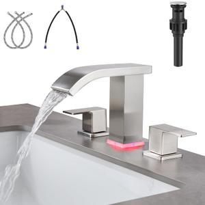 LED Light Widespread Bathroom Faucets for Sink 3 Hole Waterfall -Bathroom Faucet with Pop-up Drain Assembly, 8 Inch Bathroom Sink Faucet 2-Handles, Modern Lavatory Vanity Faucet (Brushed Nickel)