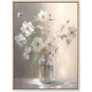 Daktenn Framed Canvas Wall Art Floral Wall Decor for Bathroom Bedroom - Modern Wall Decorations (Light Wood Framed, 18x24)