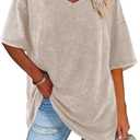Flowyair Womens Oversized T Shirts Summer Loose Fit Cotton Short Sleeve Basic Tees Casual V Neck Boyfriend Tunic Tops (X-Large, Beige Gray)