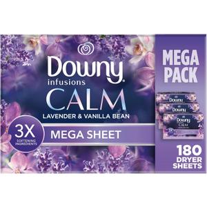 Downy Infusions Mega Dryer Sheets, Laundry Fabric Softener, CALM, Lavender and Vanilla Bean, 180 Count (3 box of 60 sheets)