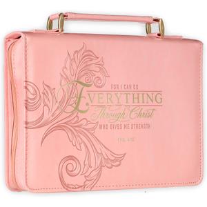Christian Art Gifts Pink & Gold Floral Faux Leather Fashion Bible Cover for Women: Everything Through Christ - Phil. 4:13 Inspirational Scripture w/Sleeves, Pocket, Pen Loops to Organize, Pink, Large