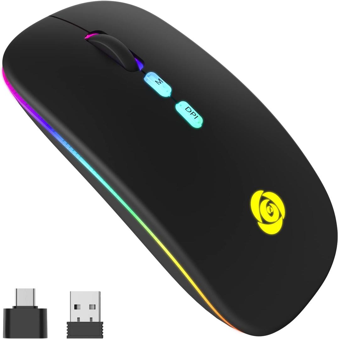 CC Store LED Wireless Bluetooth Mouse &2.4GHz Instant Connection,Rechargeable Ultra Silent Slim,3 Adjustable DPI 2 Connection Modes with USB-C to USB Adapter for Laptop/MacBook/PC/Tablet/iPad (Black)