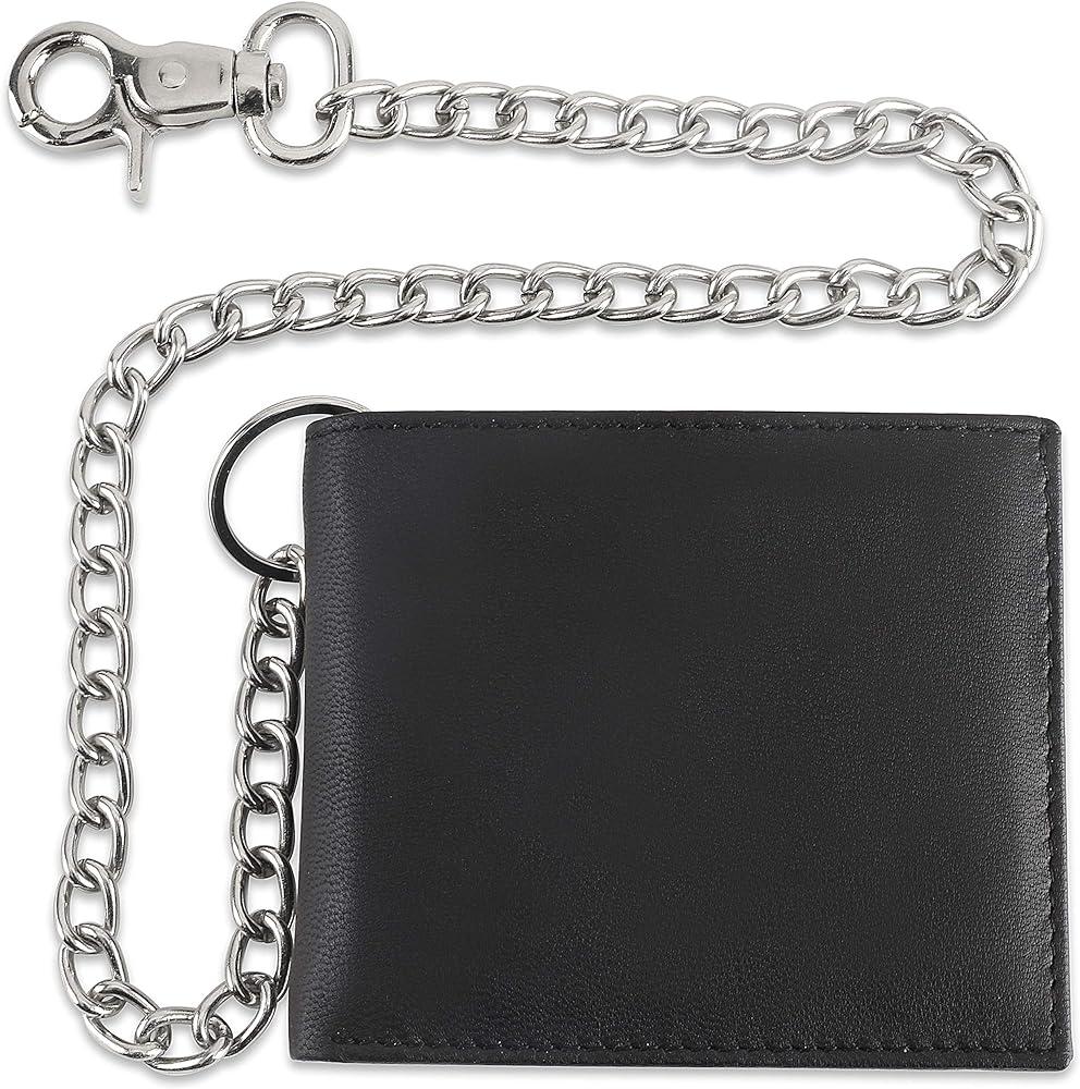 CLASSIC RFID Blocking Mens bi-fold Style Cowhide Leather Steel Chain Wallet, texas black