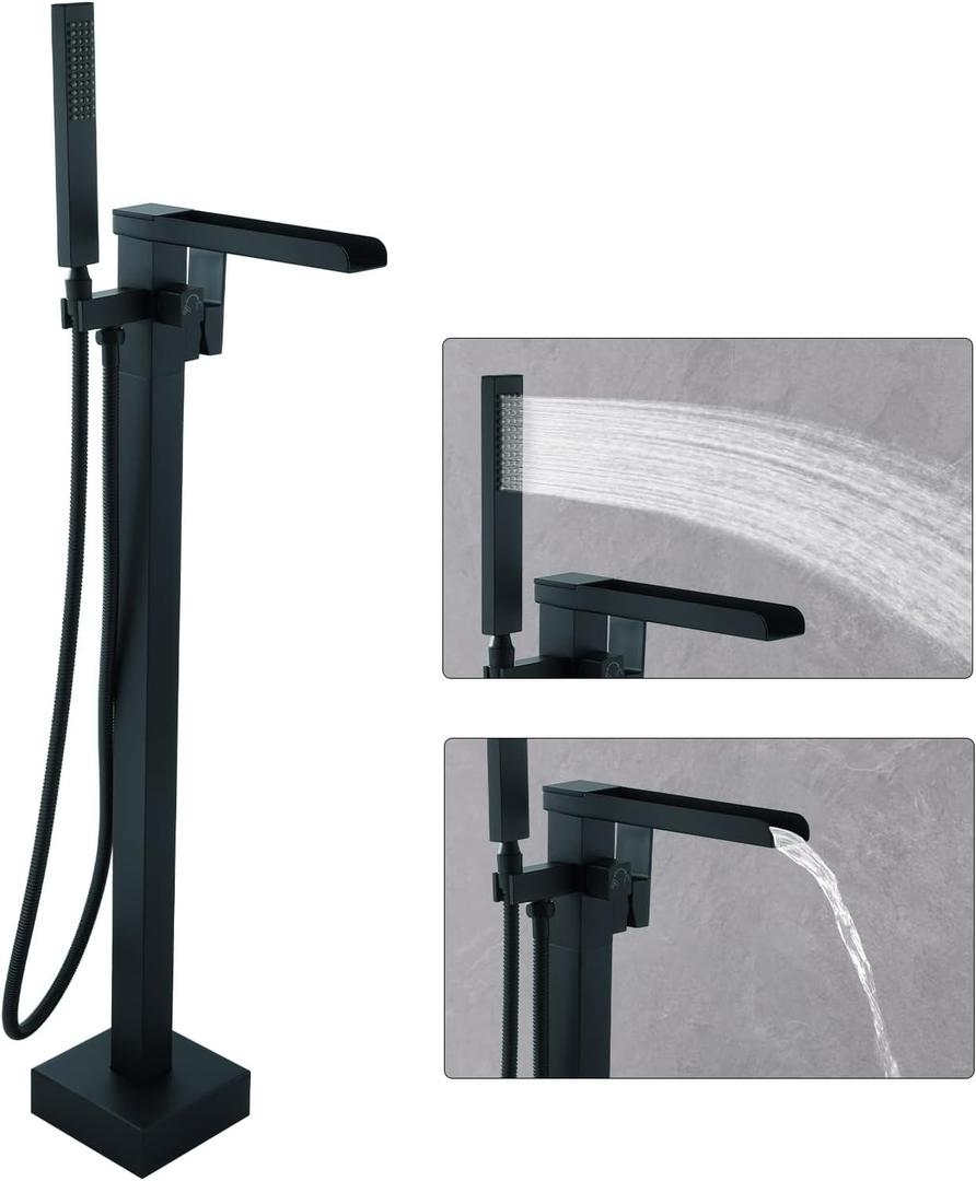 Free Standing Tub Faucet Black, Floor Mount Freestanding Bathtub Faucets, Brass Stand Alone Tub Filler, Waterfall High Flow Bathtub Shower Mixer Tap,SFRT-MB