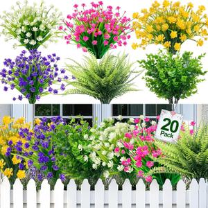 TURNMEON 20 Bundles Artificial Flowers for Outdoors, Summer Spring Grass Camellia Fake Flowers Fern Plants Eucalyptus, UV Resistant No Fade Faux Greenery for Gardens Cemetery Decor(Mixed 6 Styles 2)