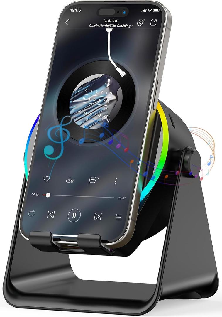 Wireless Induction Speaker- 5 in1 Bluetooth Speaker Phone Stand with Colorful Ambient Light 360 Rotation Compatible with iPhone Android iPad Samsung Galaxy- Unique Birthday Gift for Men Women Adults (Black)