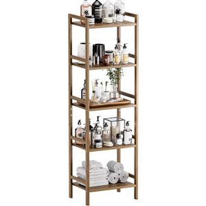 HITNET Bamboo Book Shelf, Tall Narrow Bookcase, Bathroom Shelving Unit 5 Tier Floor Standing Adjustable Bookshelf for Small Spaces, Walnut