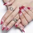 7 x GLAMERMAID Red Ombre Press on Nails Medium Almond, Halloween Christmas Misty Gel Glue on Nail, Gothic Moon Short Stiletto Reusable UV Finish Fake Nail, Acrylic Oval False Nails Manicure Kits for Women