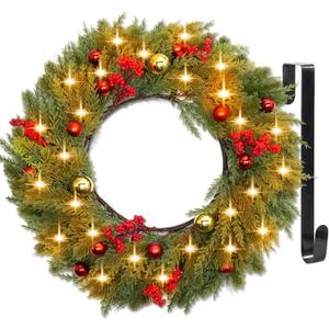 Christmas Wreaths for Front Door with Lights & Timer - 24" 40 LED Pre-Lit Lighted Cedar Pine Christmas Wreath with Metal Hanger Decoration for Door Window Indoor Outdoor Wall (Large, Red Berries &Red Ball)