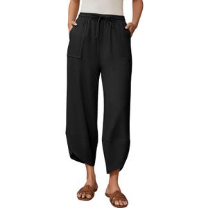 Womens Barrel Harem Linen Pants Wide Leg Pants Baggy Palazzo Drawstring Elastic Waist with Pockets Beach (Large, Black)