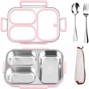 25oz 18/8 Stainless Steel Lunch Box Kit (Bento Box + Fork/Spoon) - 3 Leakproof Compartments - Metal Snack Box for Kids & Adults - School/Office/Travel - Dishwasher Safe (Pink)