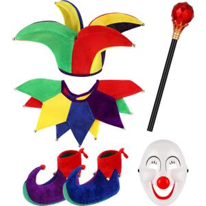 6 Pcs Halloween Jester Costume Includes Hat Collar Wand Mardi Gras Shoes Clown Costume Mask Joker Clown Outfit Funny Cosplay Accessory for Adult Men Women Circus Movie Party Masquerade