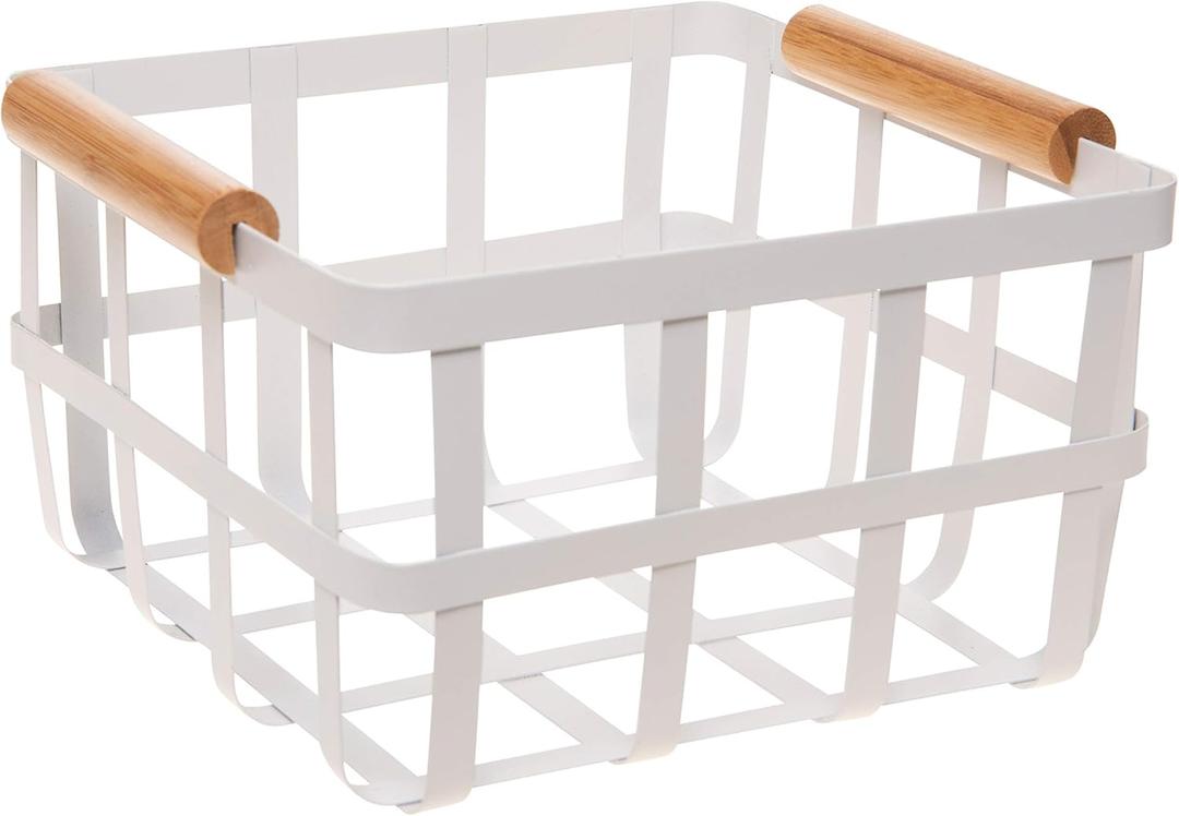 Simplify Square Metal Storage Basket with Bamboo Handles | Medium | Farmhouse Style Wire Basket | Home Organizer | Decorative | Rustic | White