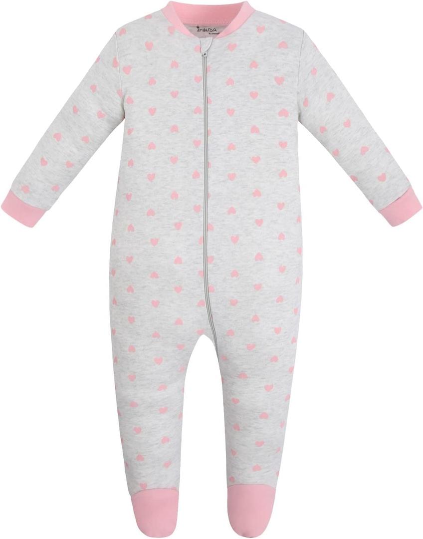 Jimonda Baby Pajamas 100% Cotton Gender Neutral One-Piece Footed,Long Sleeve Clothes,2-Way Zipper Closure Romper (18-24 Months, Pink Heart)