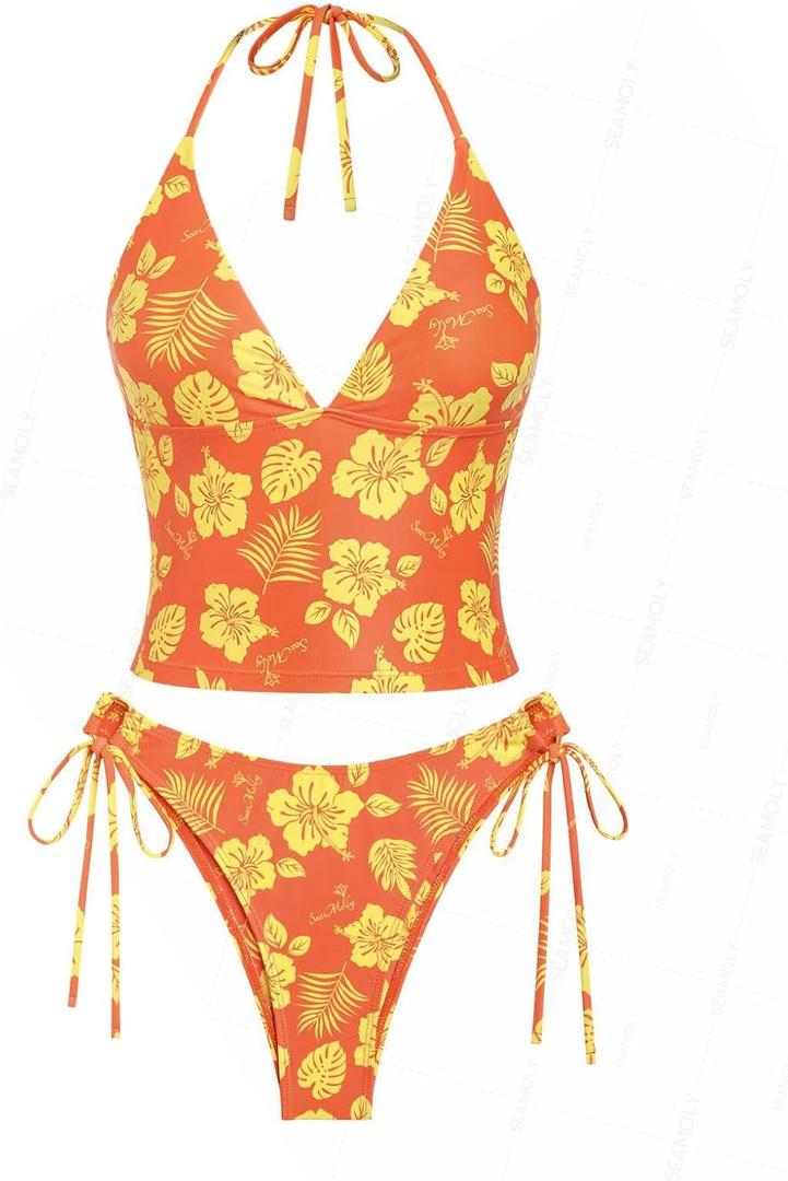 Jacquard Floral & Leopard Tankinis - Tankini Swimsuits for Women with Plunging Neck & Gingham Trim (X-Small, Orange)