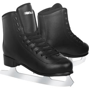 WELLWON Figure Ice Skates for Women Girls and Boys, Lace-Up Adult Figure Skate Ice Hockey Skates for Outdoor and Skating Rink, Figure Ice Skate Shoes Size Youth 2Y, Black
