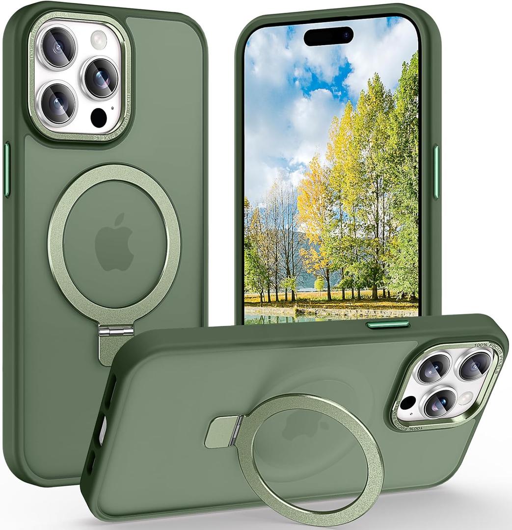 Magnetic for iPhone 15 Pro Case with Ring Stand, [10 FT Drop Protection] [Velvety Touch] Slim Translucent Matte Back Shockproof Phone Case for iPhone 15 Pro 6.1'', Midnight Green