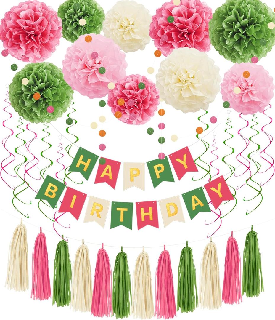 Pink and Green Birthday Decorations for Women Girls, Tissue Paper Pom Poms, Happy Birthday Banner, Paper Tassel, Circle Garland & Hanging Swirl Party Decoration