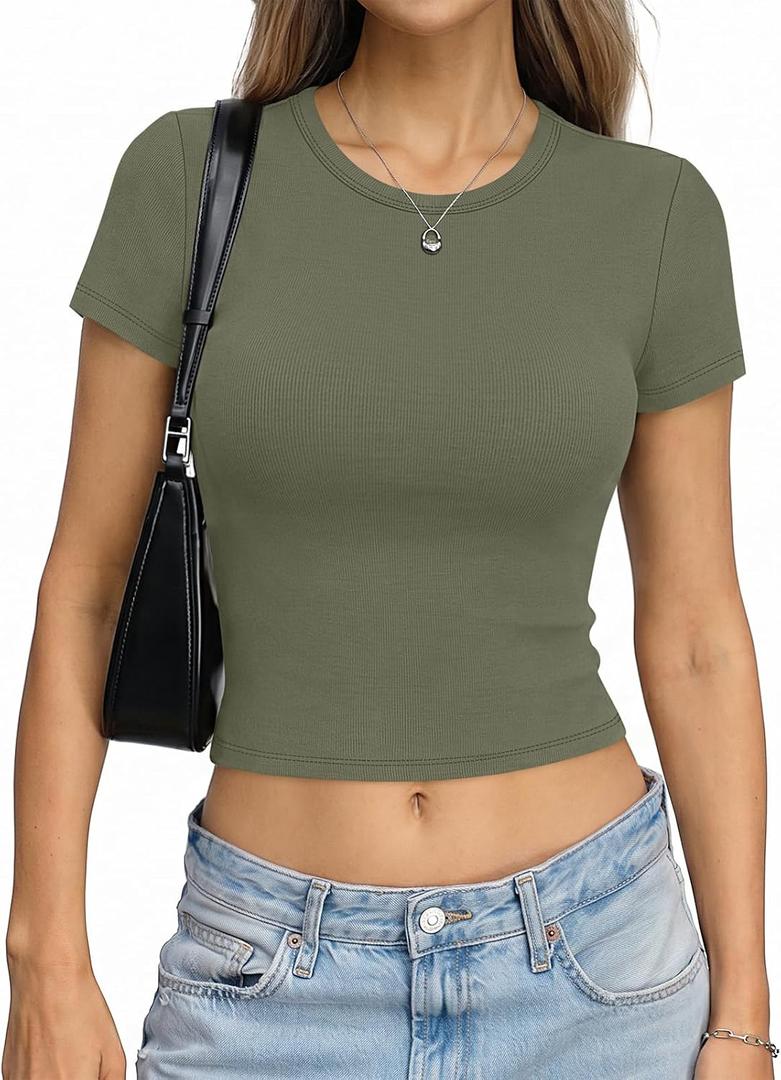 EasyGala Womens Cotton Ribbed Crop Top Crew Neck Short Sleeve Shirt Fitted (Green, L)