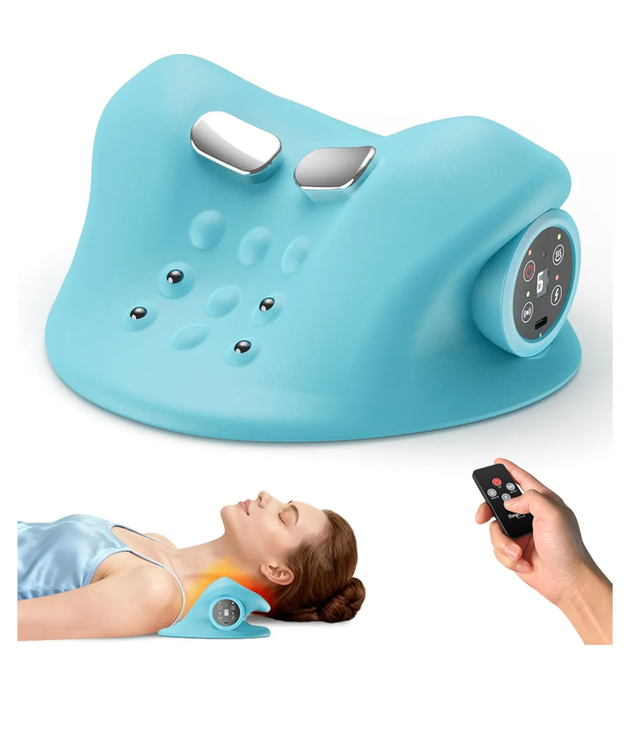 RINGCO Neck Massager Pillow with 3 Level Heating & Vibration Adjustable, Heated Neck Stretcher with 6 Modes, Rechargeable Cervical Traction Device for Pain Relief & Muscle Relaxation (Light Blue)
