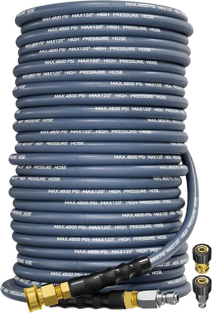 3/8" 4800PSI Pressure Washer Hose 200FT with Swivel Quick Connect for Cold/Hot Water Max 248F, Kink Resistant Steel Wire Braided, Wear Resistant Power Washer Hose with M22 14mm Adapter