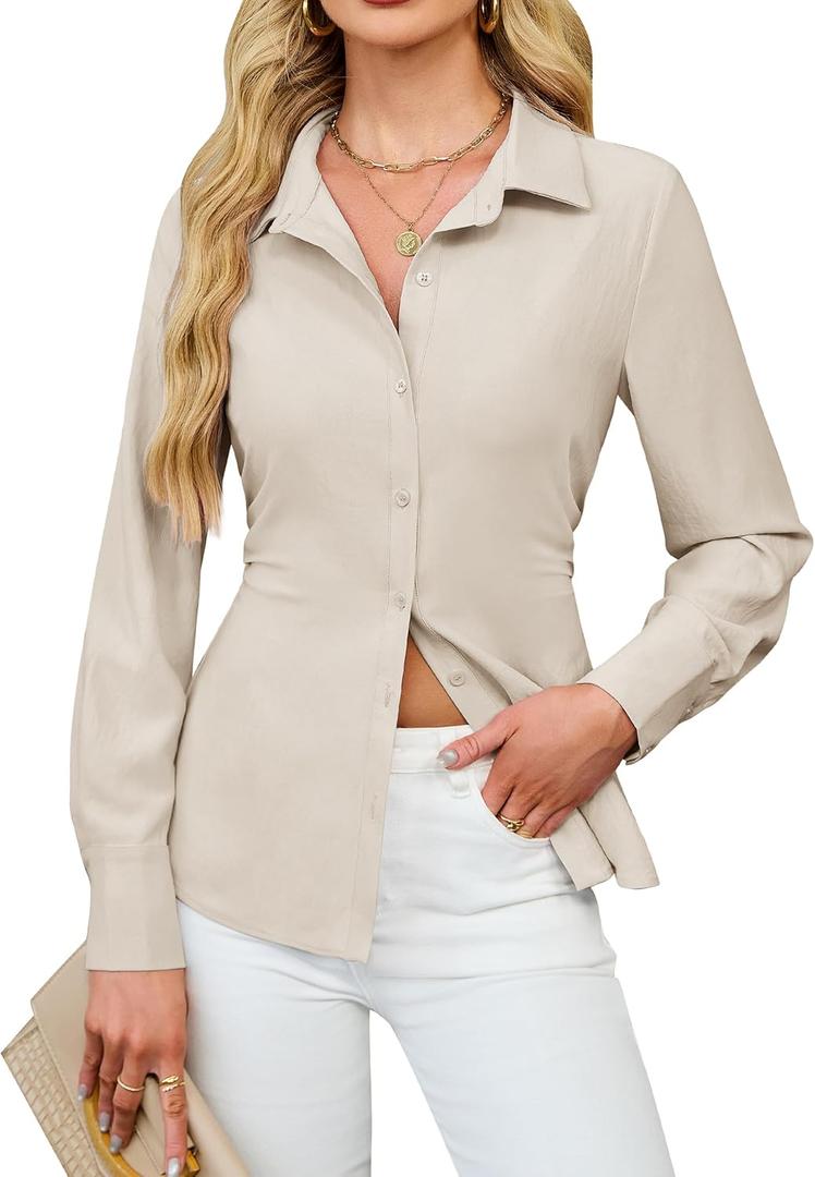 Blooming Jelly Womens Button Down Shirts Business Casual Fall Outfits Long Sleeve Peplum Tops Dressy Work Blouse (Small, Beige)