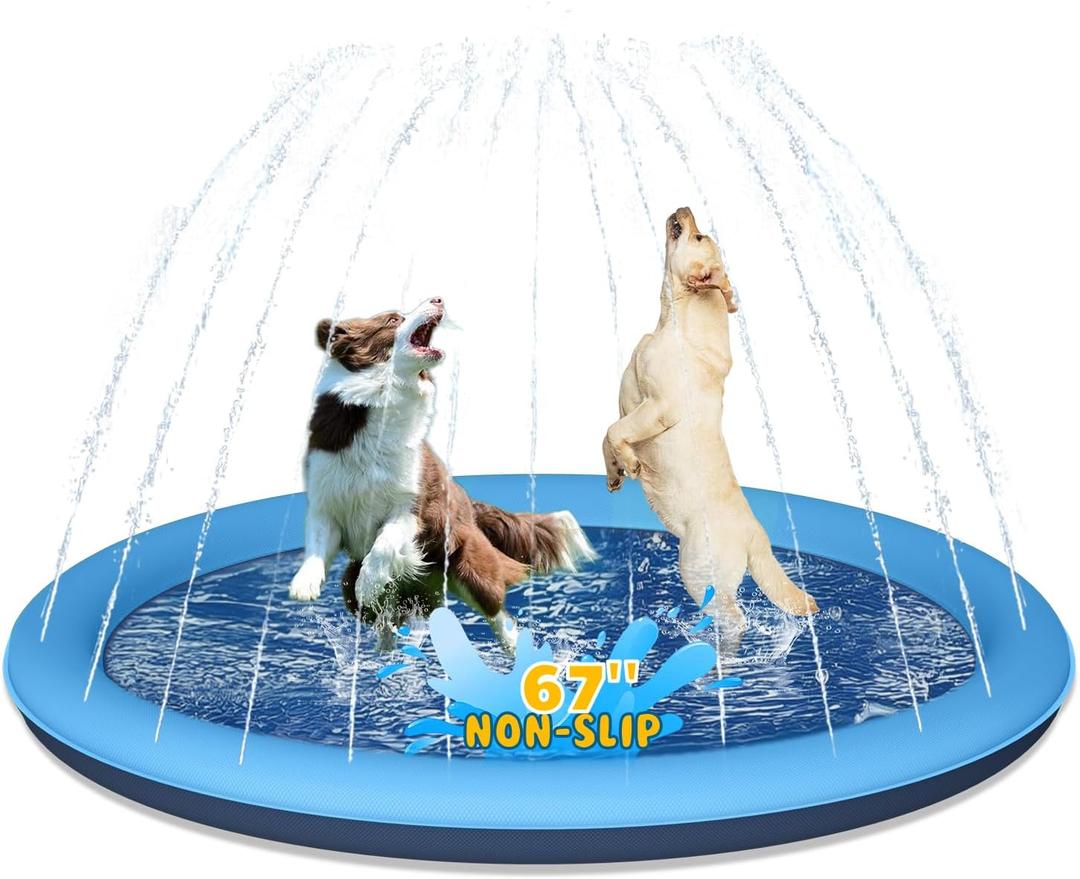 Dog Splash Pad, 67" Non-Slip Thickened Sprinkler Pool, Summer Outdoor Pet Water Play Mat, Splash Pad for Dogs & Kids (Blue-round)