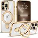 Compatible with iPhone 13 Pro Max Case with Invisible Magnetic Ring Stand [Compatible with Mag-Safe] [Full Camera Lens Protector] Plating Clear Phone Case for iPhone 13 Pro Max 6.7", Gold