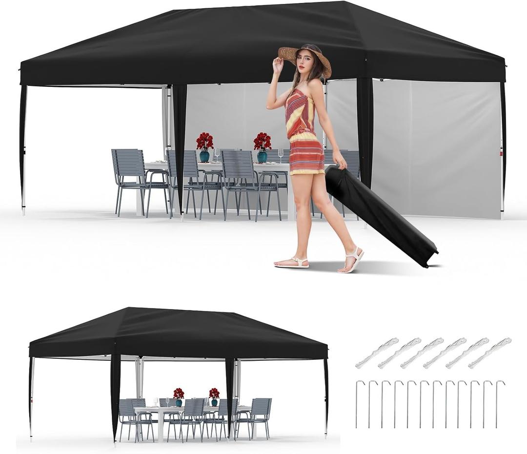 10x20 Pop Up Canopy with 2 Sidewalls - Heavy Duty Outdoor Canopy Tent with Portable Roller Bag - 3 Adjustable Height, 4 Weight Bags, 8 Stakes & 6 Guy Ropes Included, Black