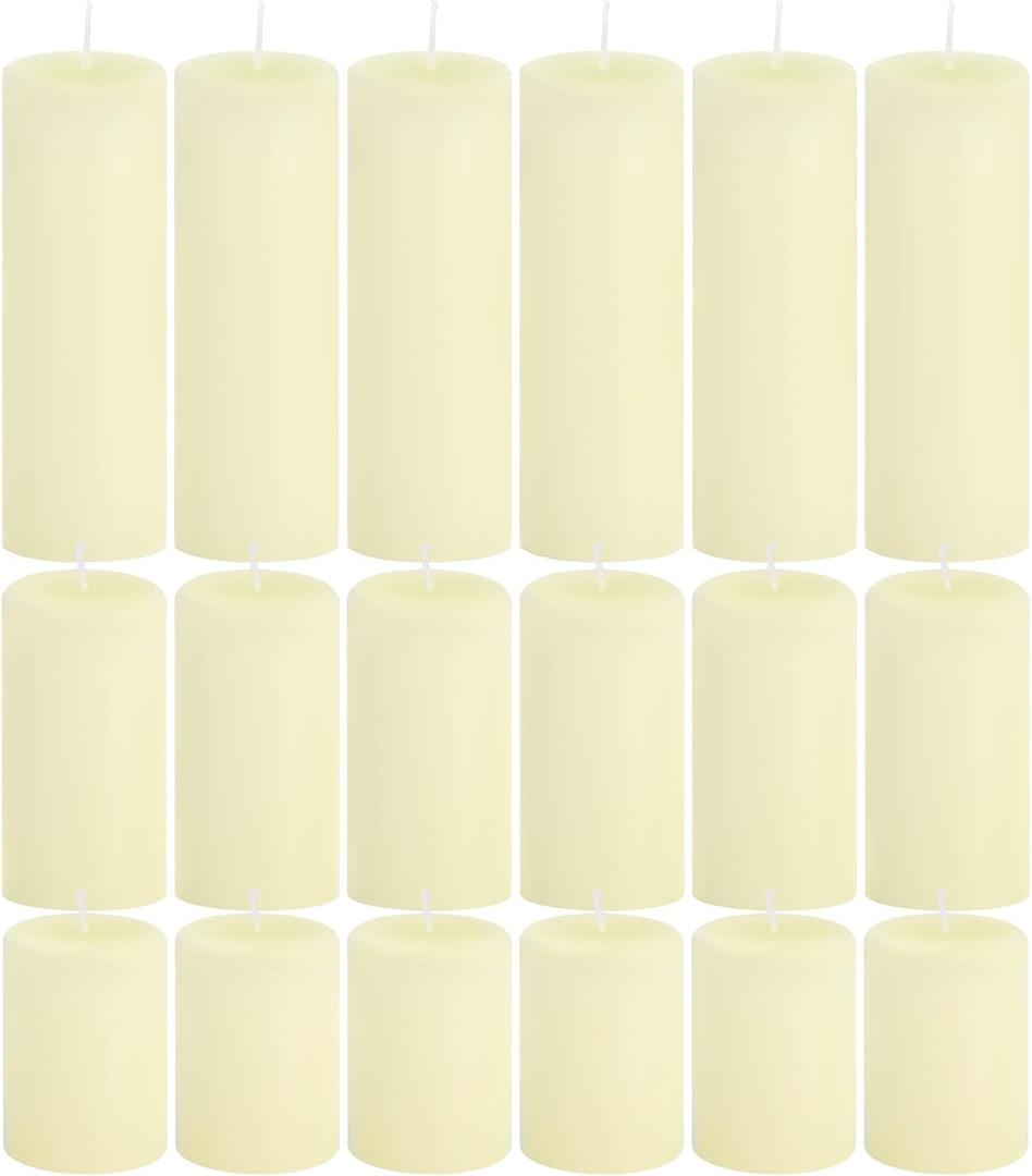 18 Pcs Ivory Pillar Candles Bulk SetHurricane Candles3 Different Lengths 2 x 3/4/6 Inch (6 Each)Dripless Unscented SmokelessGives You a Better Atmosphere When Organizing an Event Party.