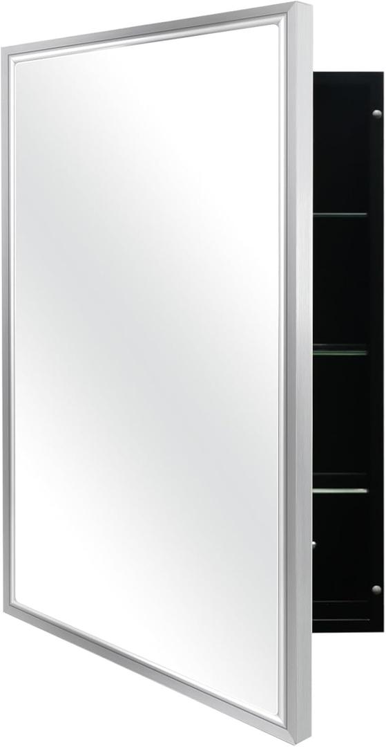 Modern Medicine Cabinet Mirror Storage for Bathroom Bedroom Surface/Recessed Mount with 3 Shelves (16"x26", Brushed Silver)