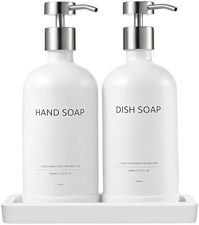 Janxin Glass Kitchen Soap Dispenser  with Ceramic Tray,16.9 floz Dish Soap Dispenser for Kitchen and Bathroom Decor (White Bottles + Silver Pumps)