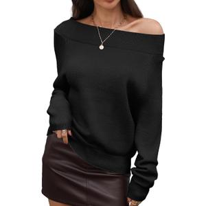 ELLEVEN Women's Off Shoulder Sweater Soft & Cozy, Casual One Shoulder Pullover Long Sleeve Fall Winter Outfits (Small, Black)