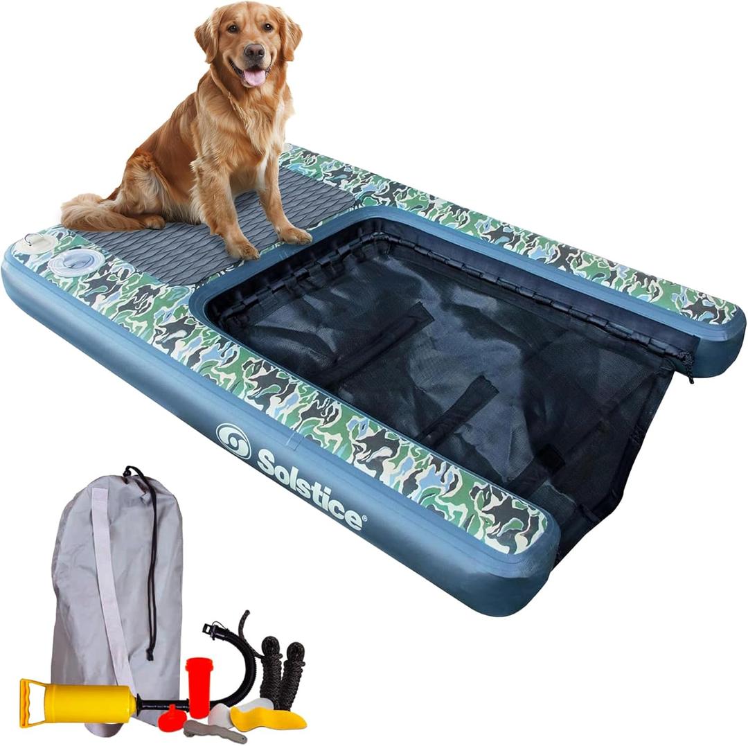 SOLSTICE Inflatable Pup Plank, Dog Water Ramp for Boats and Docks, XL Camo, 200 lb Capacity - Floating Platform for Pets for Lake, River, Beach & Swimming Pool, Includes Pump, Patent-Protected Design