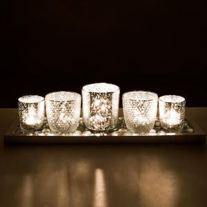 Votive Candle Holders, Silver Glass Candle Holder Set of 5 with Tray and Clear Pebbles, Mercury Christmas Tealight Candle Holder, Speckled Votive Holders Decor for New Year Wedding Party