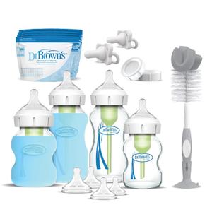 Dr. Brown's Anti-Colic Options+ Wide-Neck Glass Baby Bottle Starter Set - Silicone Bottle Sleeves, Level 1, 2, 3 Nipples, HappyPacis, Storage Caps, Bottle Brush 
