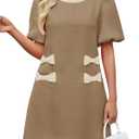 Wenrine Womens Summer Mini Dress Casual Tweed Short Sleeve Bow Work Business Dresses with Pockets Brown, medium