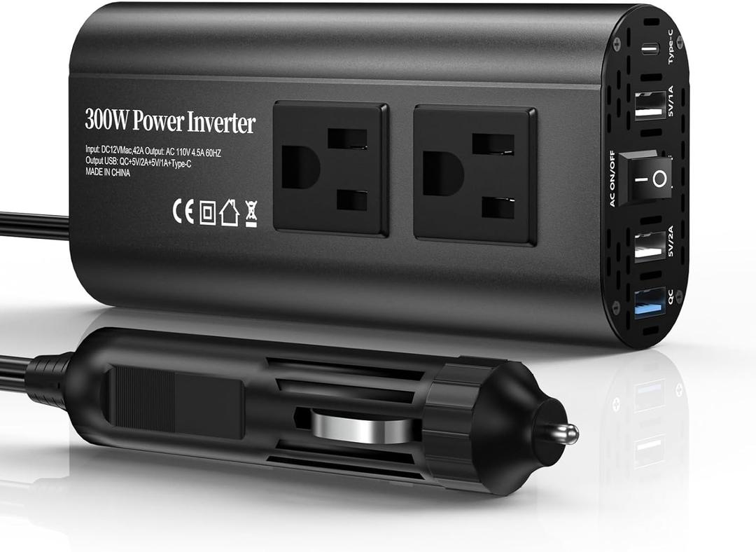 300W Power Inverter DC 12V to 110V AC Car Inverter with TypeC 30W & 3 USB-A interfaces, Dual AC Adapter for Laptops Charger